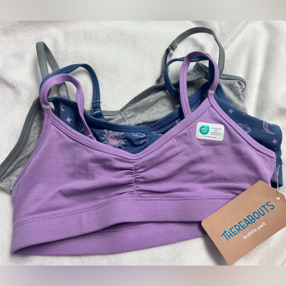 Thereabouts NWT Girl sports bras, new size L purple navy & grey 3 bralette Set